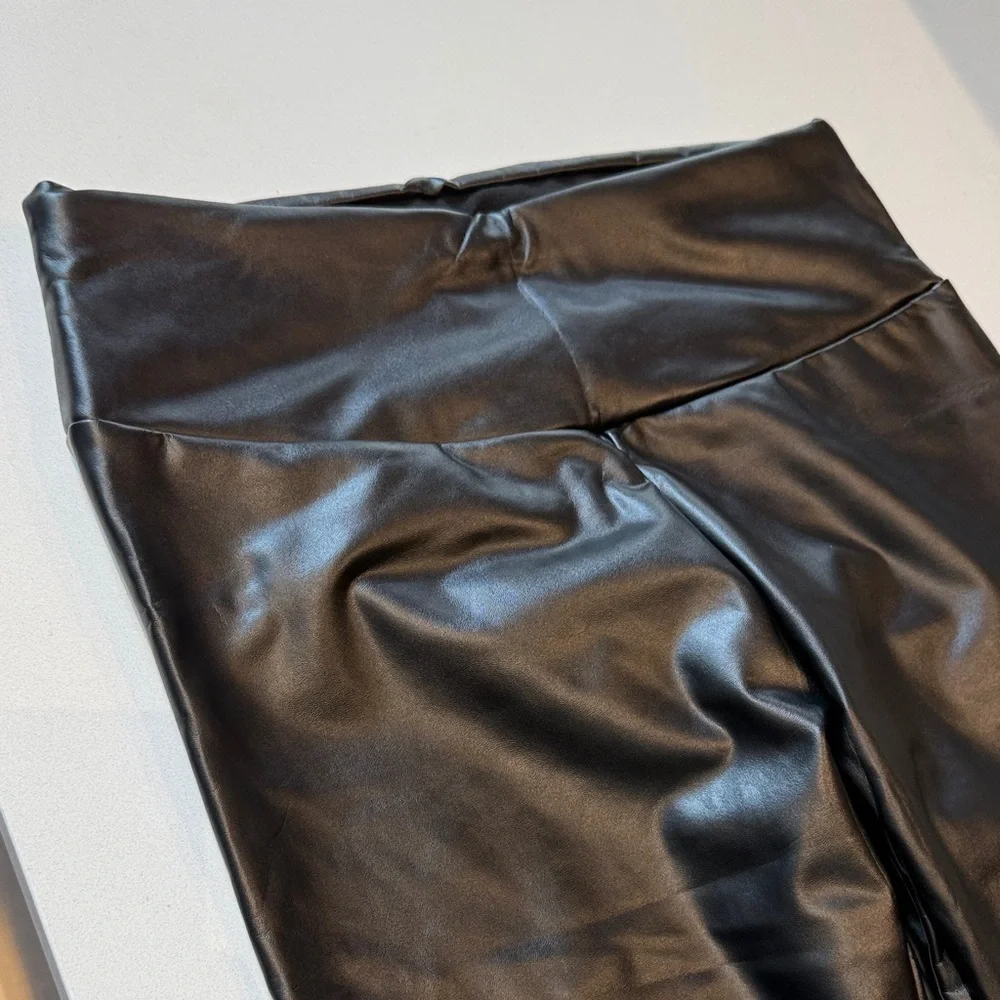 Faux Leather Leggings, Waist Control Support, Black, Fleece Lined, Size XL